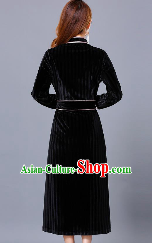 Chinese Mongol Ethnic Nationality Black Pleuche Dress Traditional Mongolian Minority Garment Costume for Women