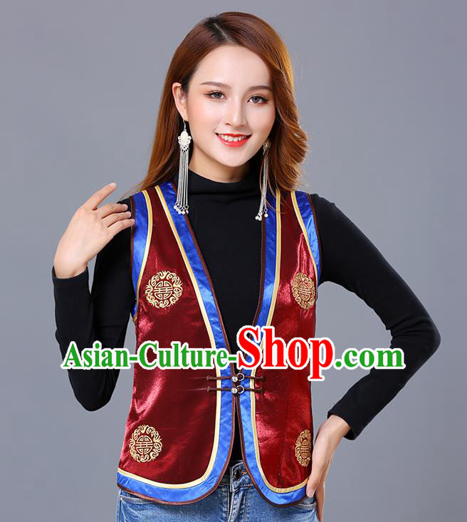 Chinese Mongol Ethnic Nationality Wine Red Satin Vest Traditional Mongolian Minority Garment Waistcoat Costume for Women