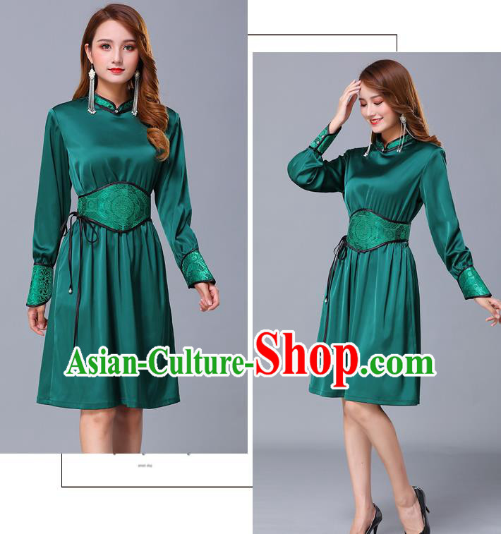 Chinese Traditional Mongolian Embroidered Green Short Dress Minority Garment Mongol Ethnic Nationality Stand Collar Costume for Women