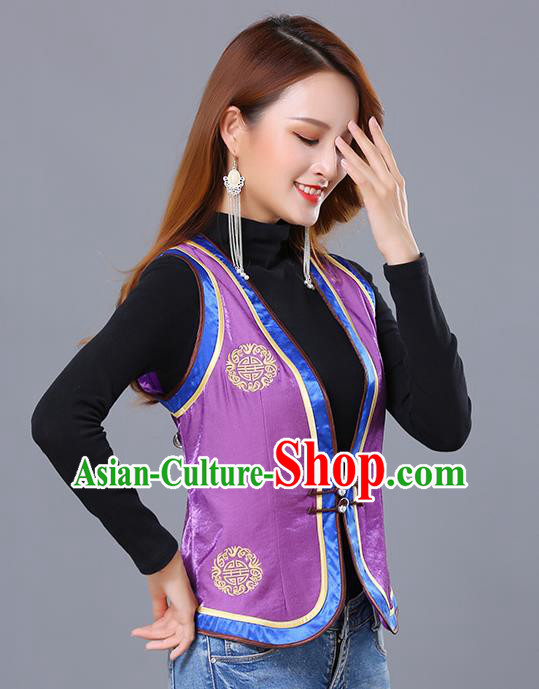 Chinese Mongol Ethnic Nationality Purple Satin Vest Traditional Mongolian Minority Garment Waistcoat Costume for Women