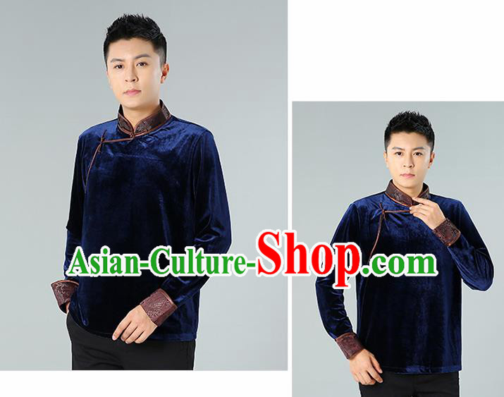 Chinese Mongolian Nationality Upper Outer Garment Traditional Mongol Ethnic Minority Costume Deep Blue Pleuche Shirt for Men