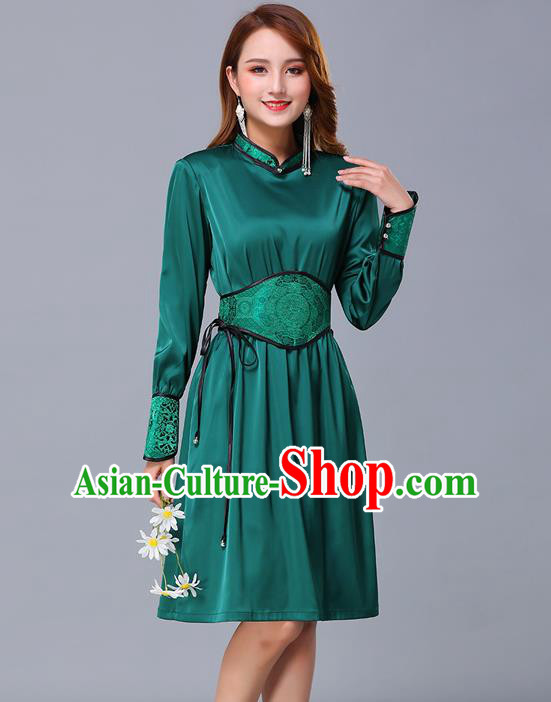 Chinese Traditional Mongolian Embroidered Green Short Dress Minority Garment Mongol Ethnic Nationality Stand Collar Costume for Women