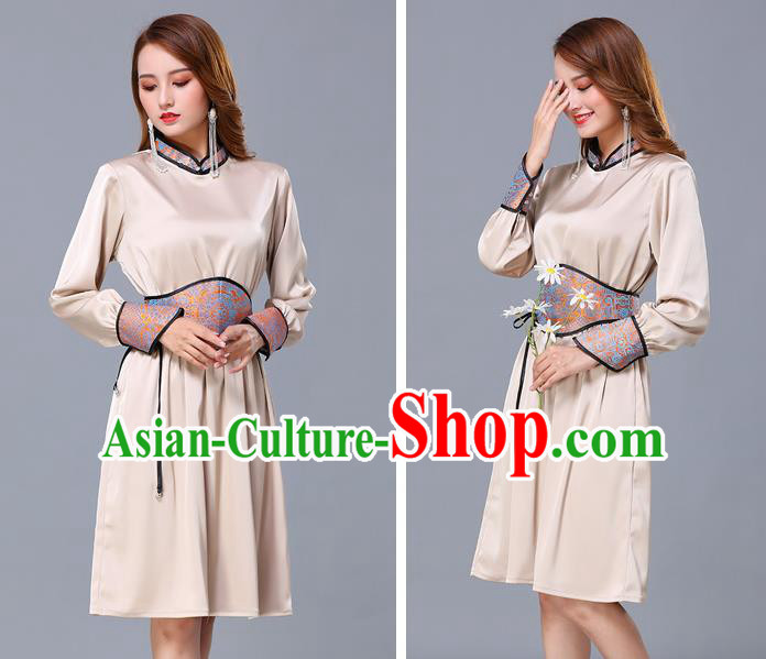 Chinese Traditional Mongolian Embroidered Champagne Short Dress Minority Garment Mongol Ethnic Nationality Stand Collar Costume for Women