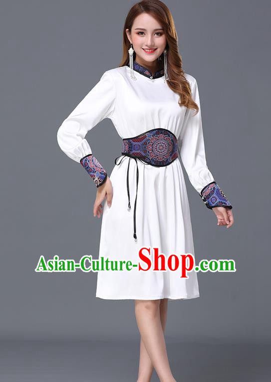 Chinese Traditional Mongolian Embroidered White Short Dress Minority Garment Mongol Ethnic Nationality Stand Collar Costume for Women