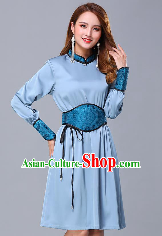 Chinese Traditional Mongolian Embroidered Blue Short Dress Minority Garment Mongol Ethnic Nationality Stand Collar Costume for Women