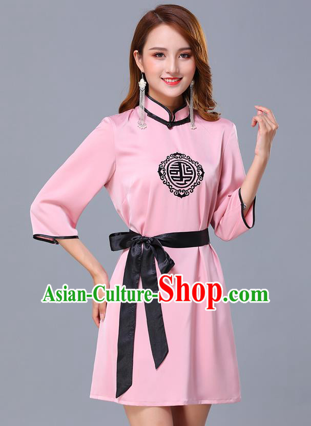 Chinese Traditional National Pink Short Dress Mongolian Minority Garment Mongol Ethnic Nationality Costume for Women