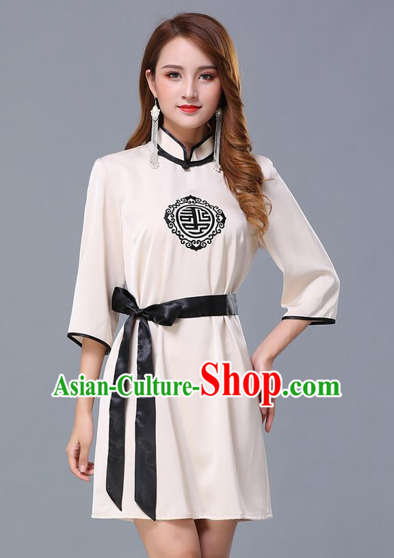 Chinese Traditional National Beige Short Dress Mongolian Minority Garment Mongol Ethnic Nationality Costume for Women