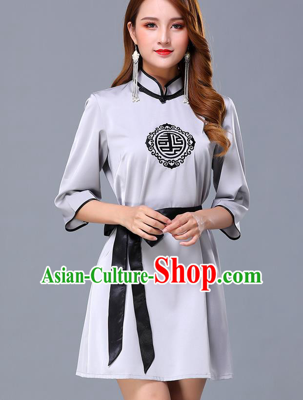 Chinese Traditional National Grey Short Dress Mongolian Minority Garment Mongol Ethnic Nationality Costume for Women
