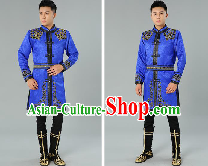 Chinese Mongol Nationality Coat Garment Traditional Ethnic Minority Costume Royalblue Mongolian Robe for Men