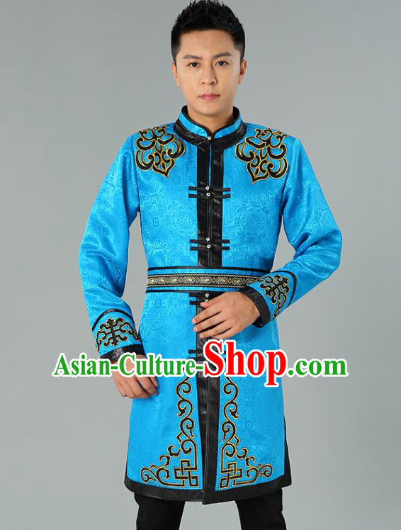 Chinese Mongol Nationality Coat Garment Traditional Ethnic Minority Costume Blue Mongolian Robe for Men