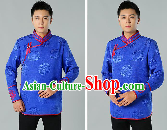 Chinese Mongol Nationality Upper Outer Garment Traditional Ethnic Minority Costume Royalblue Jacket for Men