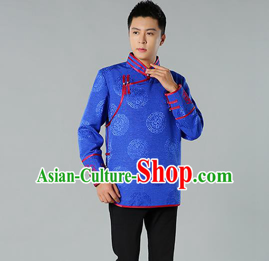 Chinese Mongol Nationality Upper Outer Garment Traditional Ethnic Minority Costume Royalblue Jacket for Men