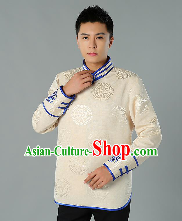 Chinese Mongol Nationality Upper Outer Garment Traditional Ethnic Minority Costume Beige Jacket for Men