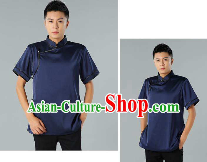 Chinese Mongol Nationality Minority Summer Navy Shirt Traditional Ethnic Upper Outer Garment Informal Costume for Men