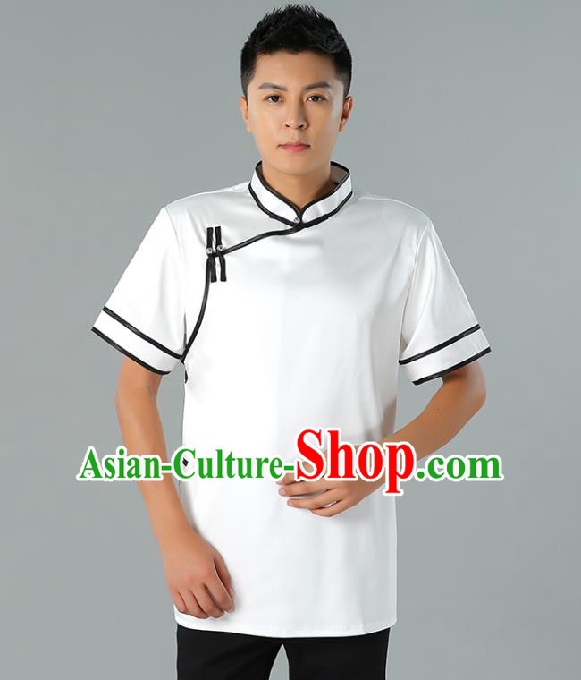 Chinese Mongol Nationality Minority Summer White Shirt Traditional Ethnic Upper Outer Garment Informal Costume for Men