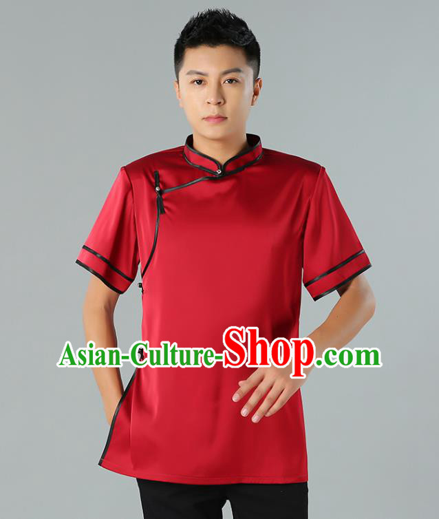 Chinese Mongol Nationality Minority Summer Red Shirt Traditional Ethnic Upper Outer Garment Informal Costume for Men