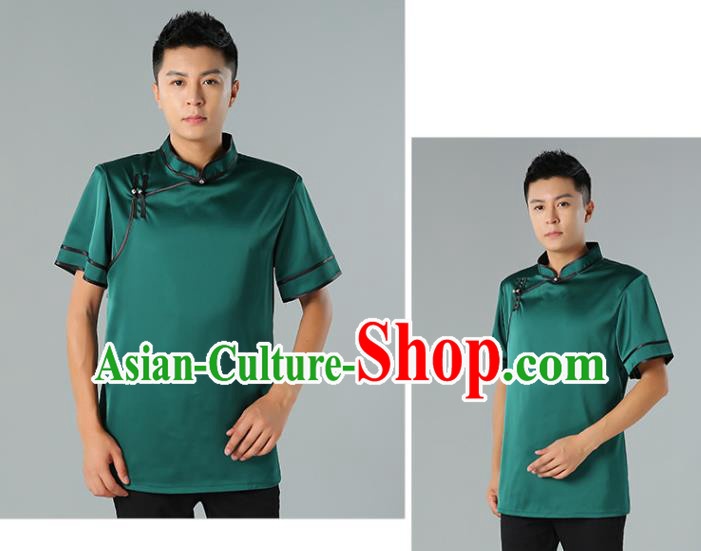 Chinese Mongol Nationality Minority Summer Green Shirt Traditional Ethnic Upper Outer Garment Informal Costume for Men
