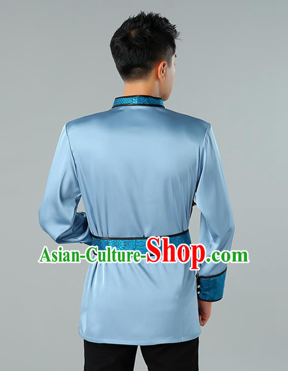 Chinese National Blue Shirt Traditional Ethnic Upper Outer Garment Mongol Minority Informal Costume for Men