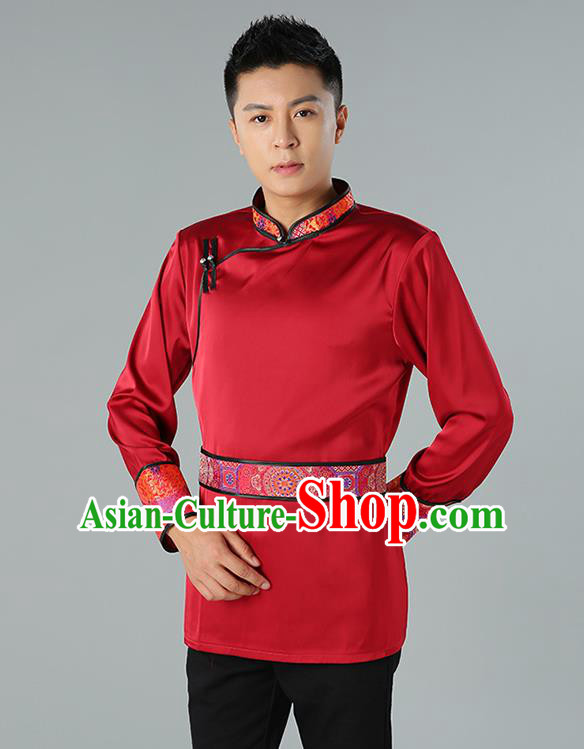 Chinese National Wine Red Shirt Traditional Ethnic Upper Outer Garment Mongol Minority Informal Costume for Men