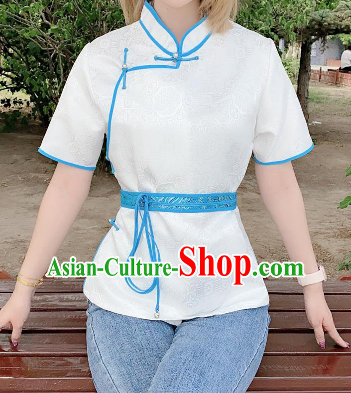 Chinese Mongol Ethnic White Brocade Blouse Traditional Mongolian Minority Female Garment Shirt Costume