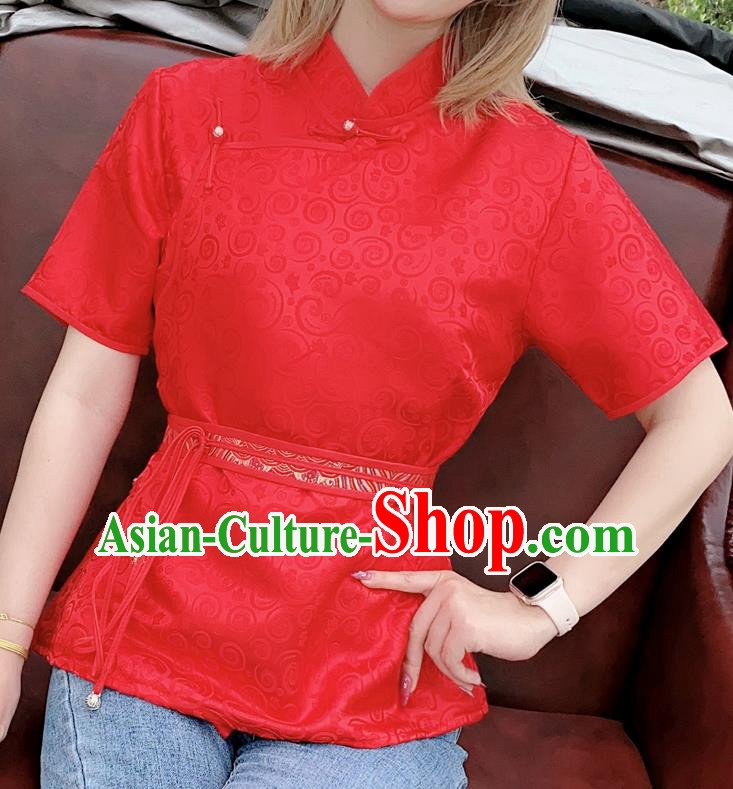 Chinese Traditional Costume Mongol Ethnic Red Brocade Blouse Mongolian Minority Female Shirt Garment