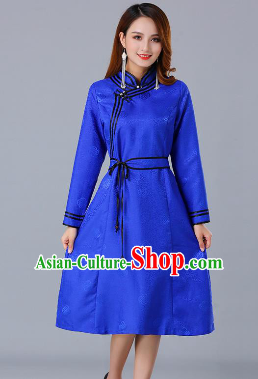 Chinese Traditional Mongol Ethnic Royalblue Brocade Dress Costume Mongolian Minority Woman Informal Garment