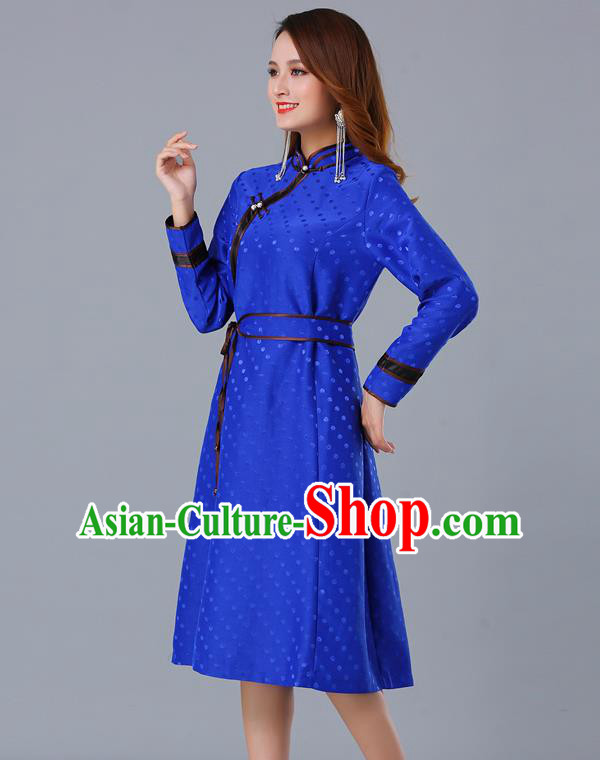 Chinese Traditional Mongol Costume Mongolian Minority Woman Informal Garment Ethnic Royalblue Brocade Dress