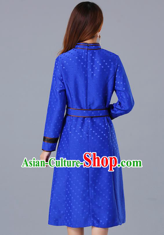 Chinese Traditional Mongol Costume Mongolian Minority Woman Informal Garment Ethnic Royalblue Brocade Dress