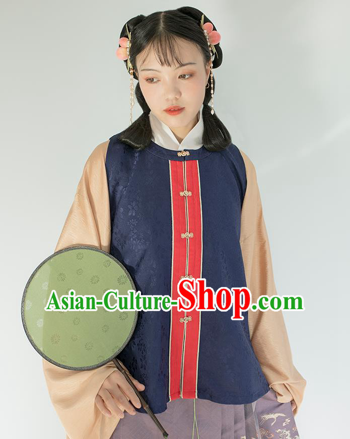 Chinese Traditional Ming Dynasty Princess Navy Brocade Vest Ancient Noble Lady Waistcoat Hanfu Garment
