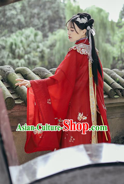 Chinese Traditional Hanfu Garment Ancient Ming Dynasty Palace Princess Costumes Red Blouse Shoulder Collar and Skirt Full Set
