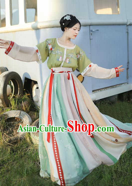 Chinese Traditional Tang Dynasty Palace Lady Hanfu Costumes Ancient Court Maid Half Sleeved Top Garment Blouse and Skirt Complete Set