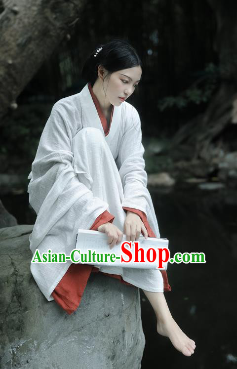 Chinese Traditional Jin Dynasty Imperial Consort White Hanfu Costumes Ancient Palace Woman Curving Front Robe Garment Full Set