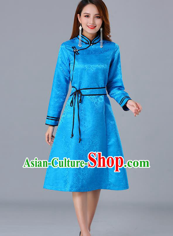 Chinese Traditional Mongol Ethnic Woman Informal Costume Mongolian Minority Garment Blue Brocade Dress