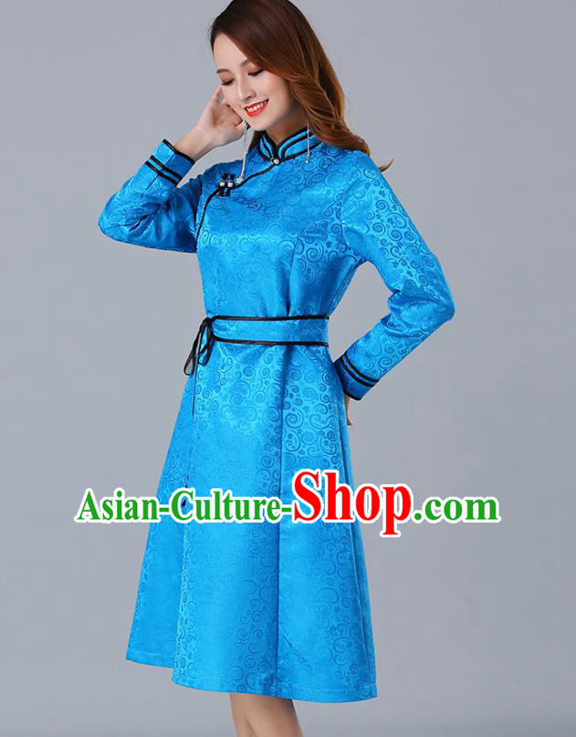 Chinese Traditional Mongol Ethnic Woman Informal Costume Mongolian Minority Garment Blue Brocade Dress