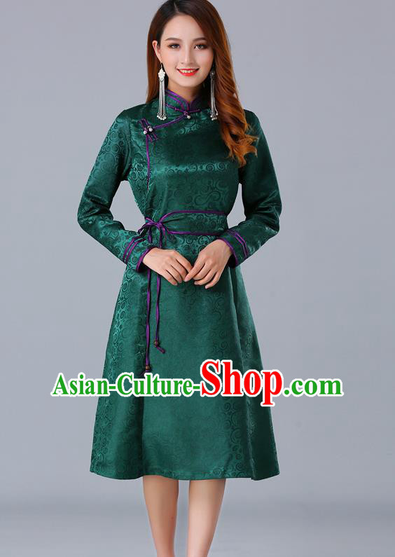 Chinese Traditional Mongol Ethnic Woman Informal Costume Mongolian Minority Garment Green Brocade Dress