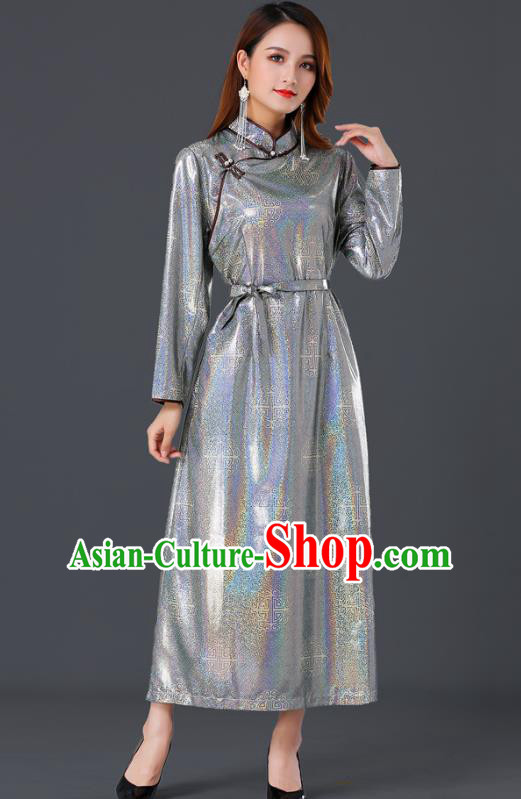 Chinese Traditional Mongolian Grey Dress Ethnic Woman Informal Costume Mongol Minority Garment