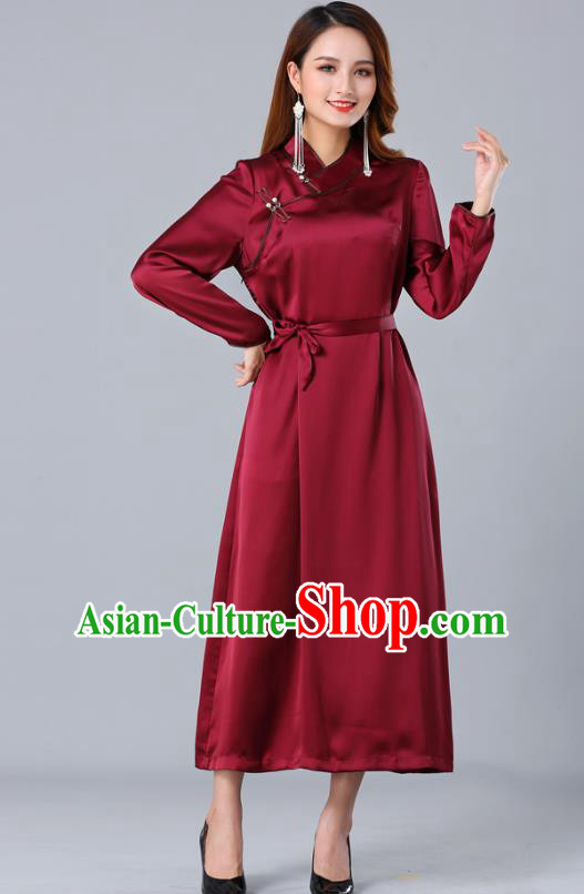 Chinese Traditional Mongolian Nationality Wine Red Satin Dress Ethnic Woman Informal Costume Mongol Minority Garment Apparels