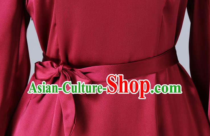 Chinese Traditional Mongolian Nationality Wine Red Satin Dress Ethnic Woman Informal Costume Mongol Minority Garment Apparels