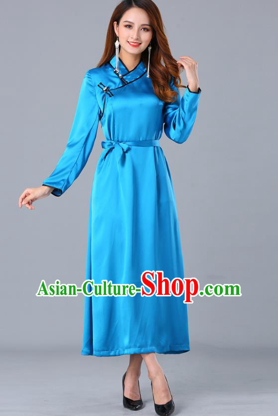 Chinese Traditional Mongolian Nationality Blue Satin Dress Ethnic Woman Informal Costume Mongol Minority Garment Apparels
