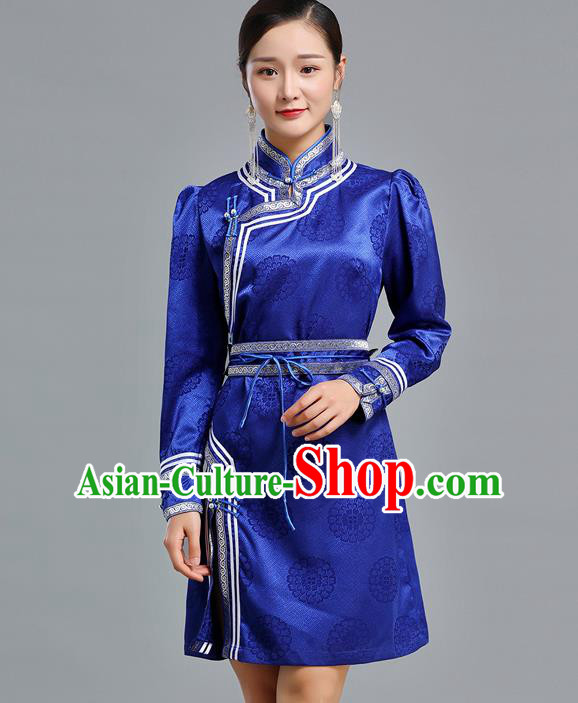 Traditional Chinese Mongolian Nationality Royalblue Brocade Short Dress Ethnic Informal Costume Mongol Minority Garment Woman Apparels
