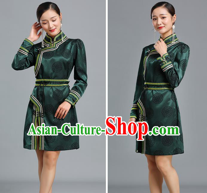 Traditional Chinese Mongolian Nationality Green Brocade Short Dress Ethnic Informal Costume Mongol Minority Garment Woman Apparels