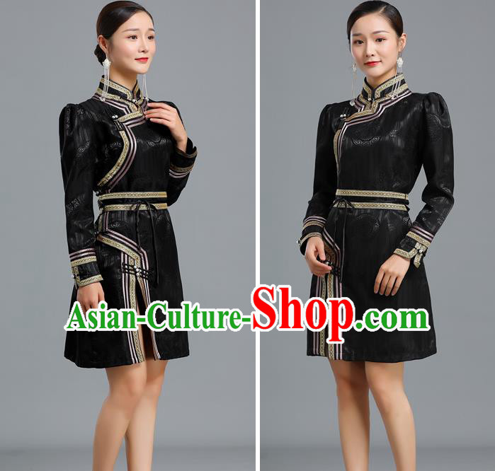Traditional Chinese Mongolian Nationality Black Brocade Short Dress Ethnic Informal Costume Mongol Minority Garment Woman Apparels