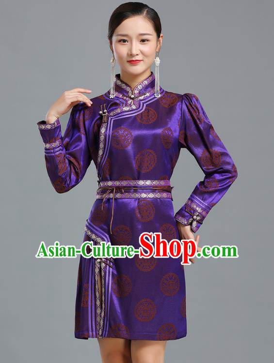 Traditional Chinese Mongolian Nationality Purple Brocade Short Dress Ethnic Informal Costume Mongol Minority Garment Woman Apparels