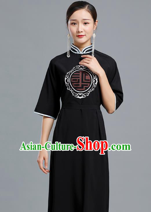 Traditional Chinese Woman Apparels Mongolian Nationality Black Dress Ethnic Informal Costume Mongol Minority Garment