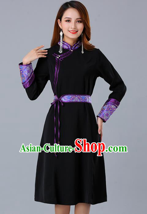 Traditional Chinese Woman Apparels Mongolian Nationality Black Dress Mongol Minority Garment Ethnic Informal Costume
