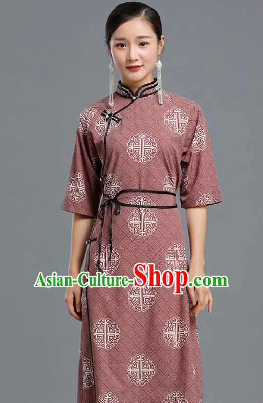 Traditional Chinese Ethnic Informal Costume Woman Apparels Mongol Minority Garment Mongolian Nationality Wine Red Dress