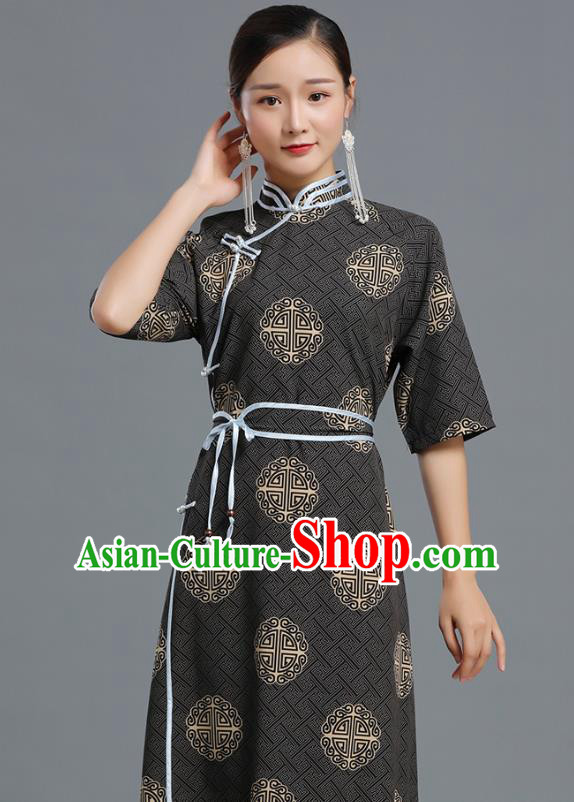Traditional Chinese Ethnic Informal Costume Woman Apparels Mongol Minority Garment Mongolian Nationality Black Dress