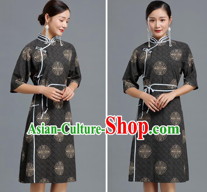 Traditional Chinese Ethnic Informal Costume Woman Apparels Mongol Minority Garment Mongolian Nationality Black Dress