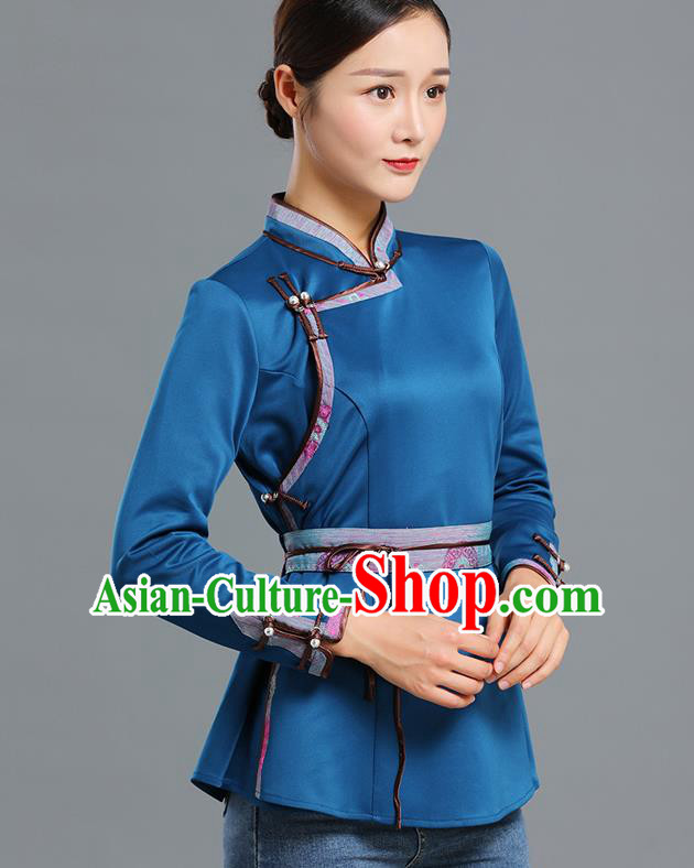 Traditional Chinese Ethnic Peacock Blue Blouse Woman Apparels Mongol Minority Upper Outer Garment Mongolian Nationality Informal Costume