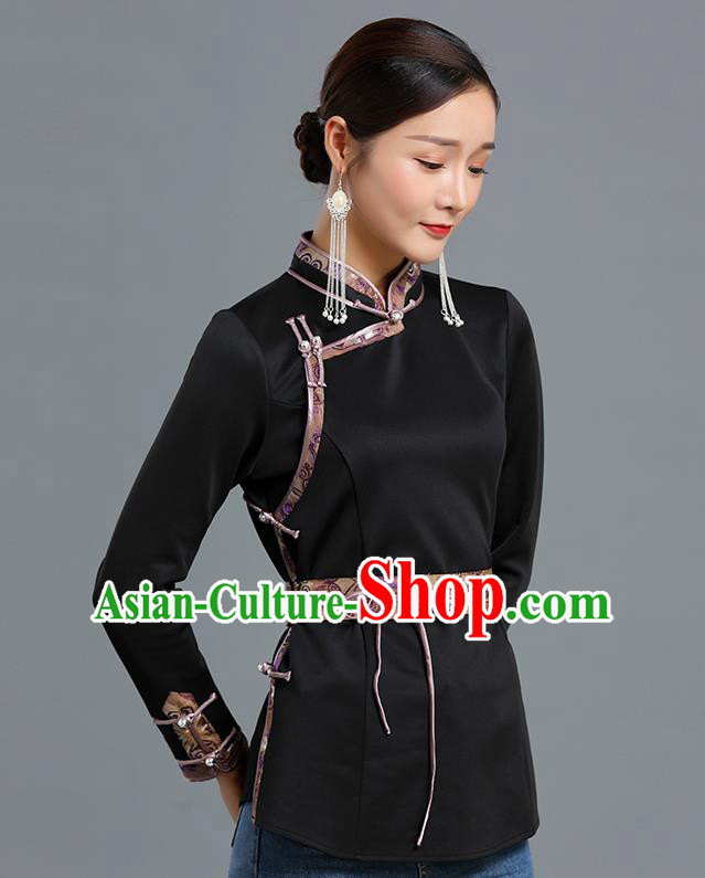 Traditional Chinese Ethnic Black Blouse Woman Apparels Mongol Minority Upper Outer Garment Mongolian Nationality Informal Costume